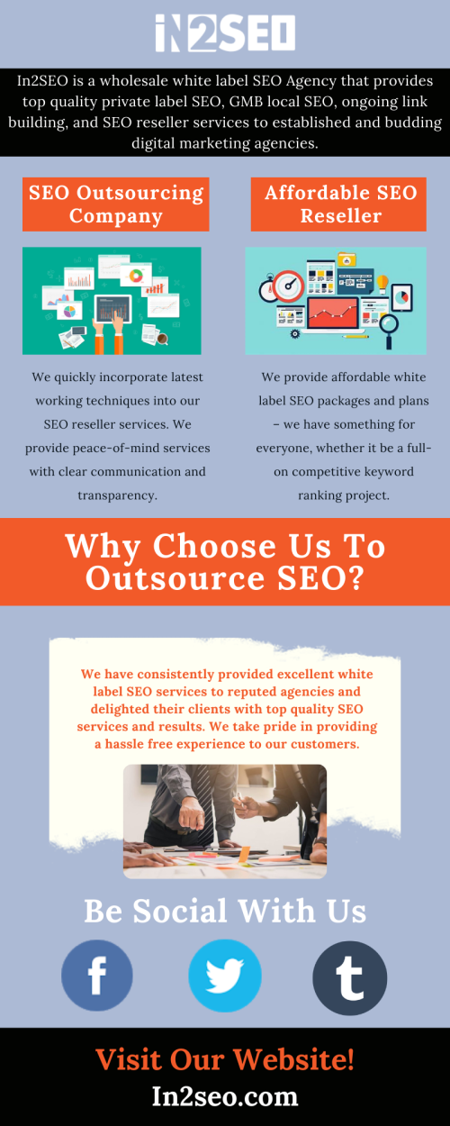 We provide top quality private white label SEO, GMB local SEO, ongoing link building, and DFY SEO reseller services to established and budding digital marketing agencies. We are one of the best search engine optimization outsourcing agencies in the industry. We provide affordable white label SEO packages and plans – we have something for everyone, whether it be a full-on competitive keyword ranking project or just some regular white label SEO maintenance of a blog. In2SEO is your trusted internet marketing, search engine optimization and white label GMB local SEO outsource partner. Visit here : https://in2seo.com/