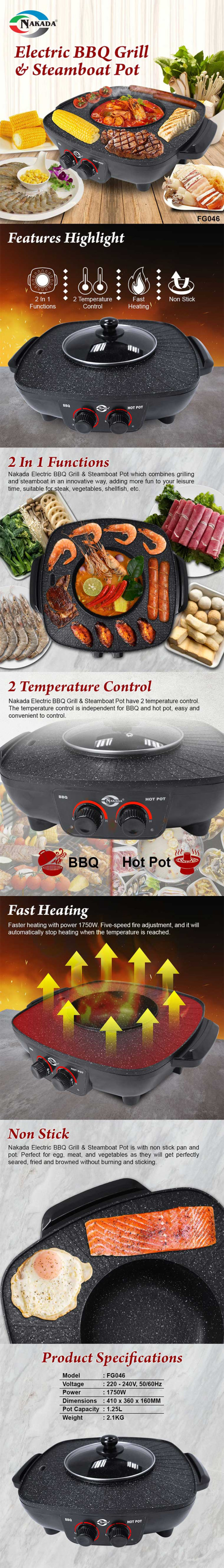 Nakada Electric BBQ Grill and Steamboat Pot FG046 with Oil Tray