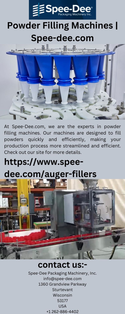 At Spee-Dee.com, we are the experts in powder filling machines. Our machines are designed to fill powders quickly and efficiently, making your production process more streamlined and efficient. Check out our site for more details.

https://www.spee-dee.com/auger-fillers