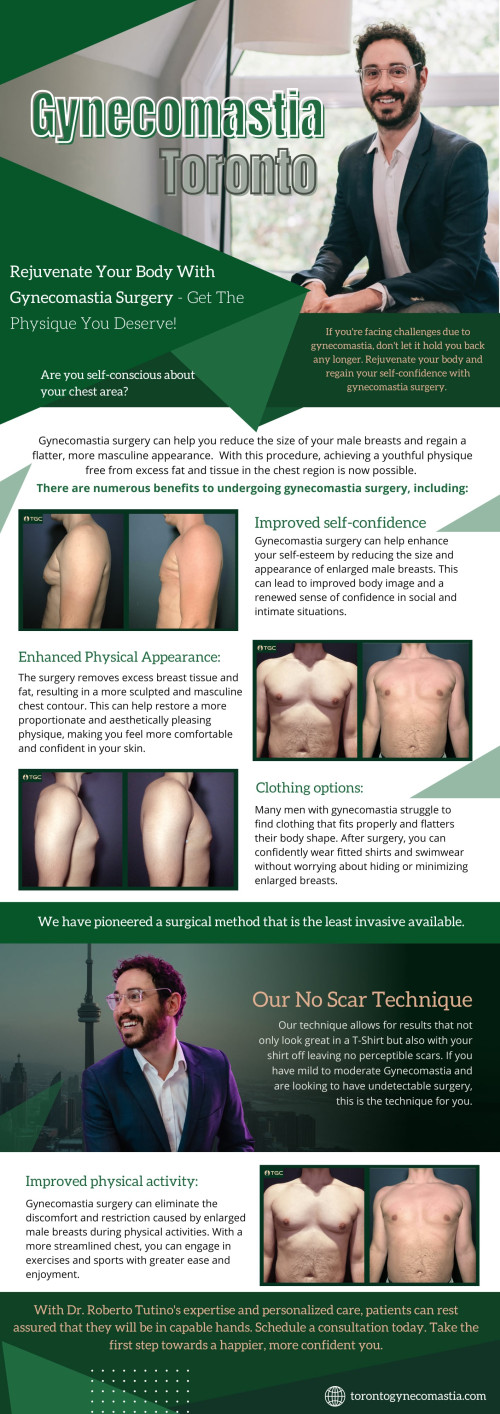 Gynecomastia Toronto surgery can be a great solution for men who are struggling with the condition. Not only will it improve their appearance, but it also has numerous health benefits that make it well worth considering.

Official Website: https://torontogynecomastia.com/

Find us on Google Map: https://goo.gl/maps/vD14yhadxanv3oVo8

Business Site: https://toronto-gynecomastia-center.business.site

Toronto Gynecomastia
Address: 2920 Dufferin St, Suite 202 Toronto, Ontario M6B 3S8
Phone: (416) 577-1746
