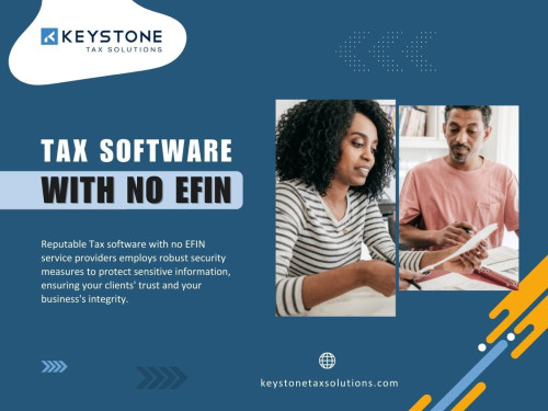 Maintaining the confidentiality and security of client data is paramount in the tax business. Reputable Tax software with no EFIN service providers employs robust security measures to protect sensitive information, ensuring your clients' trust and your business's integrity.

Our Official Website: https://keystonetaxsolutions.com/

Click Here For More Information: https://keystonetaxsolutions.com/partnership-packages/

Our Business Site: https://keystone-tax-solutions.business.site

Keystone Tax Solutions
Address: 8295 Tournament Dr ste 150, Memphis, TN 38125, United States
Telephone number: +18005045170
Email address: support@keystonesolutions.com

Find Us On Google Map: https://goo.gl/maps/K3V6CmYRAf4SFjAb6

Our Profile: https://gifyu.com/keystonetaxsolu

More Images:
https://gifyu.com/image/S4NaP
https://gifyu.com/image/S4NaX
https://gifyu.com/image/S4Nae
https://gifyu.com/image/S4Nf2