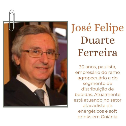 José Felipe Duarte Ferreira: 30 anos, paulista, empresário do ramo agropecuário e do segmento de distribuição de bebidas. Atualmente está atuando no setor atacadista de energéticos e soft drinks em Goiânia.

https://www.slideshare.net/JosFelipeDuarteFerre