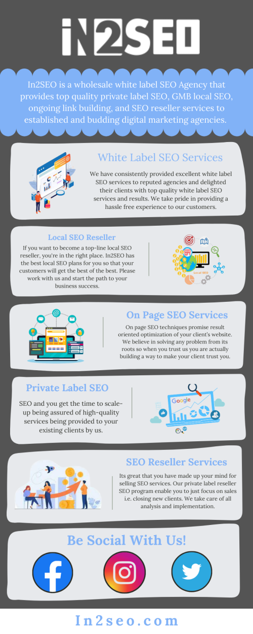 We provide top quality private white label SEO, GMB local SEO, ongoing link building, and DFY SEO reseller services to established and budding digital marketing agencies. We are one of the best search engine optimization outsourcing agencies in the industry. We provide affordable white label SEO packages and plans – we have something for everyone, whether it be a full-on competitive keyword ranking project or just some regular white label SEO maintenance of a blog. In2SEO is your trusted internet marketing, search engine optimization and white label GMB local SEO outsource partner. To know more visit here : https://in2seo.com/