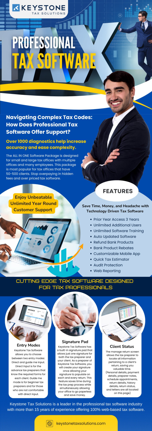 Our professional Tax software for tax preparers is engineered to enhance the efficiency and accuracy of your tax preparation process. Say goodbye to manual calculations and data entry errors as our software automates tasks, allowing you to focus on delivering top-notch service to your clients.

Our Official Website: https://keystonetaxsolutions.com/

Our Business Site: https://keystone-tax-solutions.business.site

Keystone Tax Solutions
Address: 8295 Tournament Dr ste 150, Memphis, TN 38125, United States
Telephone number: +18005045170
Email address: support@keystonesolutions.com

Find Us On Google Map: https://goo.gl/maps/K3V6CmYRAf4SFjAb6

Our Profile: https://gifyu.com/keystonetaxsolu

More Images:
https://tinyurl.com/ypj64gky
https://tinyurl.com/yo45m75o
https://tinyurl.com/ykqeydtk