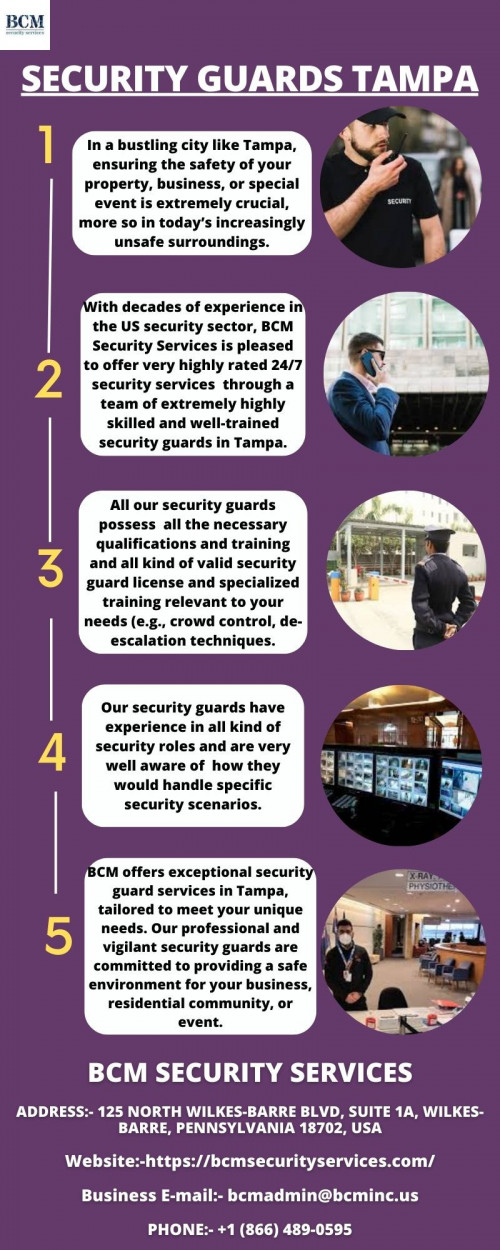 Hiring the right security guard is a critical decision that can significantly impact the safety and security of your property or event. Being one of the leading all-round security service providers in Orlando and other regions of Florida, BCM Security Services has earned the recognition as the leading providers of very highly rated security guards in Tampa. Our team of well-trained and highly skilled security personnel acts as a visible deterrent to potential criminals, significantly reducing the risk of theft, vandalism, and other property crimes.