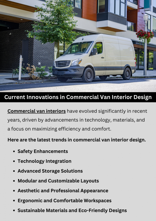 Modern commercial van interior design trends focus on flexibility with modular layouts, advanced storage solutions for efficient organization, integration of cutting-edge technology like connectivity features and safety enhancements, emphasis on comfort through ergonomic seating, and sustainable materials to reduce environmental impact. Customization options for branding and aesthetic appeal also play a significant role in enhancing functionality and corporate identity. To know more visit here https://commercialvansolutions.com/custom-fabrication-for-van-interiors/