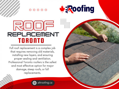 If the roof has suffered widespread damage, such as large sections of missing shingles, significant water damage, or structural issues, a Roof replacement Toronto is typically the best option. 

Patching up a severely damaged roof may provide a short-term fix, but it can lead to ongoing problems and may compromise the home's safety and structural integrity.

Official Website : https://allroofing.ca/

All Roofing Services & Skylights

ADDRESS: 19 Sabrina Dr, Etobicoke, ON M9R 2J4
CALL US : 647-560-2688
EMAIL US : nfo@allroofingtoronto.ca

Find Us On Google Map: https://maps.app.goo.gl/BE9e7RSgfzXbXYYv7

Our Profile: https://gifyu.com/allroofingca

See More:

https://is.gd/CGJR6K
https://is.gd/LhFg6N
https://is.gd/jidInG
https://is.gd/J2Vl3E