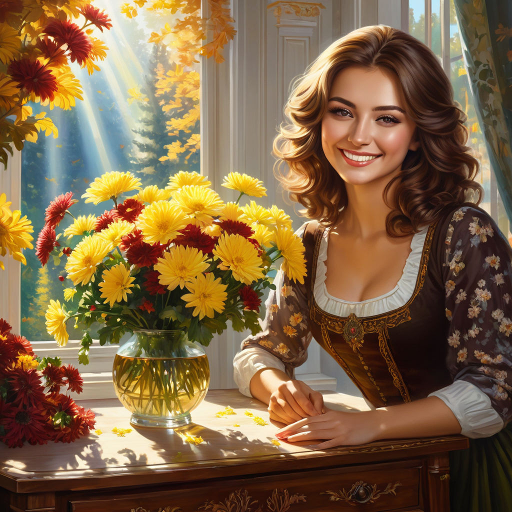 a beautiful young russian woman with brown hair smiling a clear autumn day a chest of drawers an