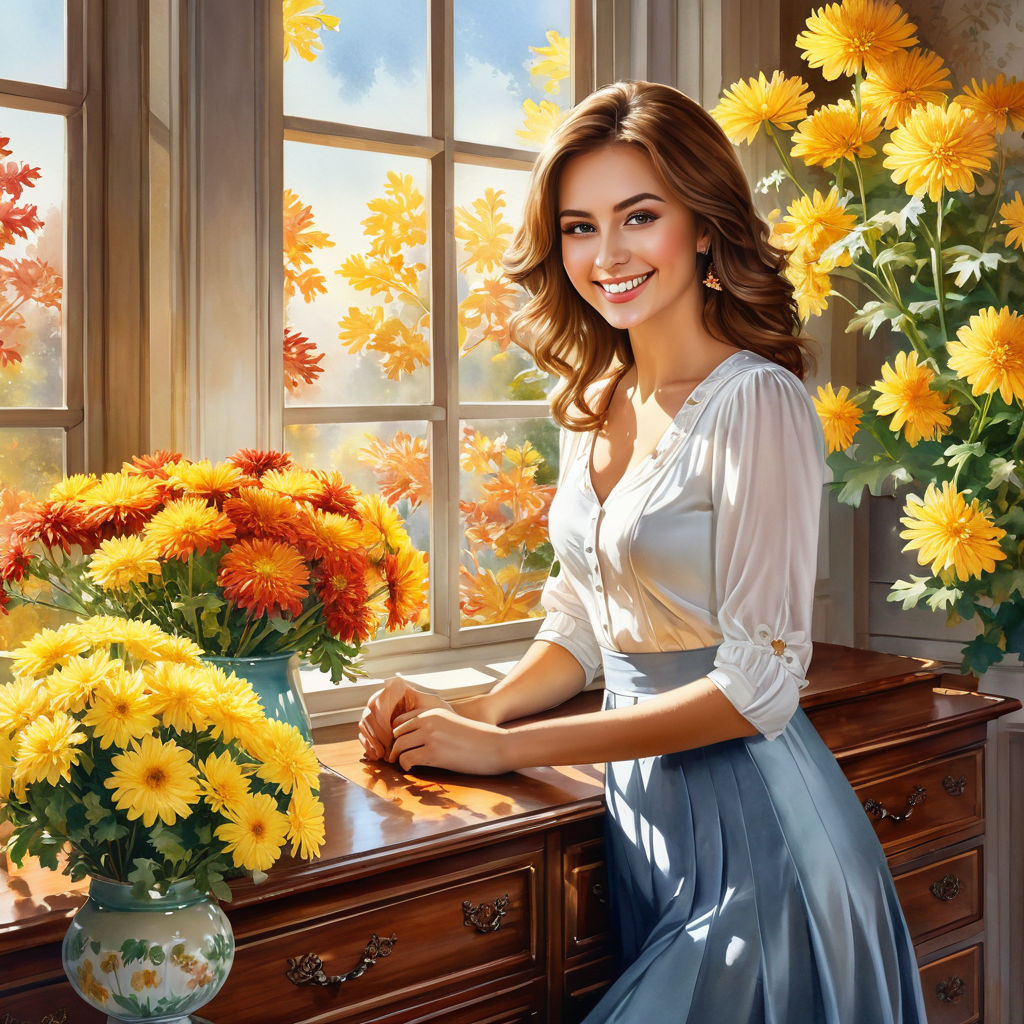 a beautiful young russian woman with brown hair smiling a clear autumn day a chest of drawers an (5)