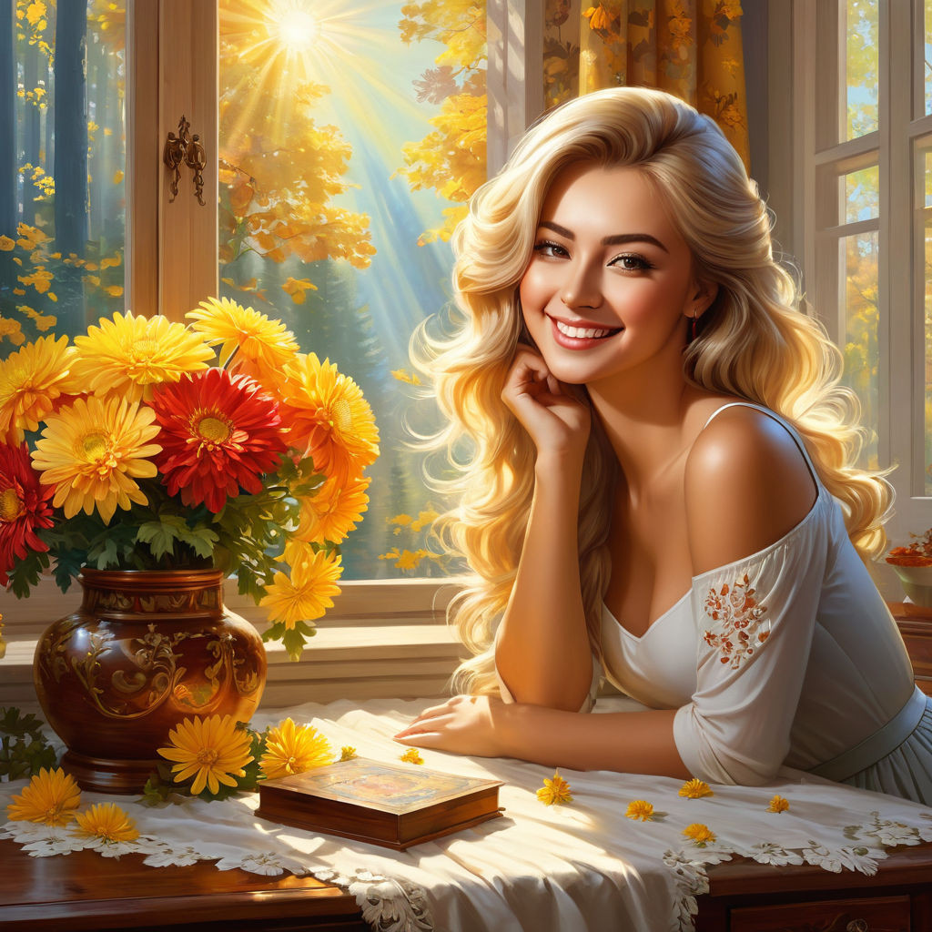 a beautiful young russian woman smiling a clear autumn day a chest of drawers and walls in the ra (1