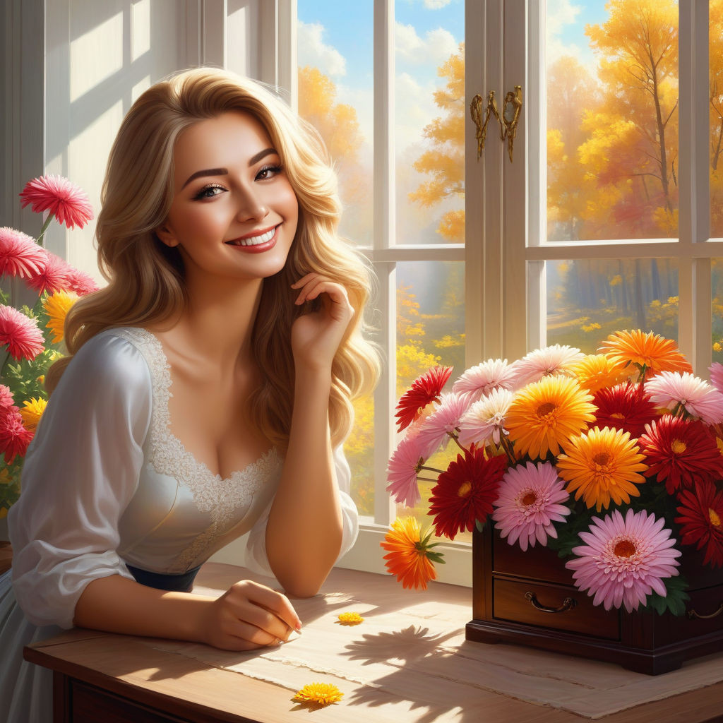 a beautiful young russian woman smiling a clear autumn day a chest of drawers and walls in the ra (2