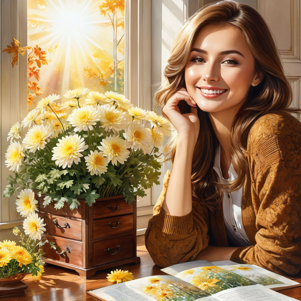 a beautiful young russian woman with brown hair smiling a clear autumn day a chest of drawers an (6)
