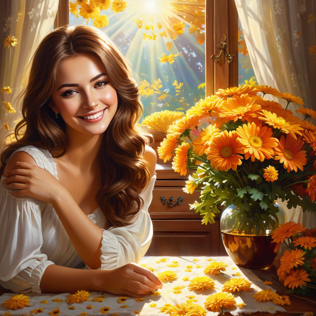 a beautiful young russian woman with brown hair smiling a clear autumn day a chest of drawers an (1)