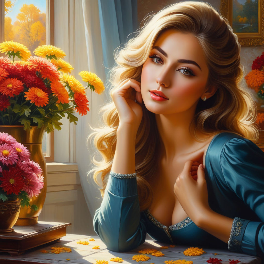 an oil painting on canvas a beautiful young russian woman an autumn day a chest of drawers and wa (8