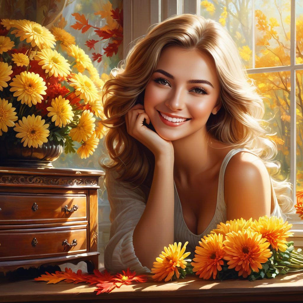 close up a beautiful young russian woman smiling an autumn day a chest of drawers and walls in t (5)