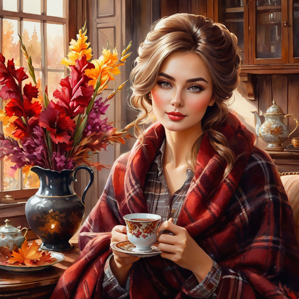elegant young russian woman in a warm plaid hair the color of bordeaux autumn leaves vase with gl (5