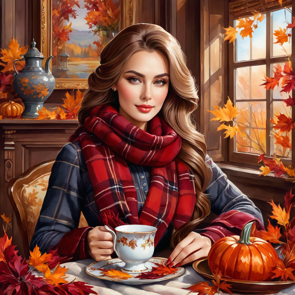 elegant young russian woman in a warm plaid hair the color of bordeaux autumn leaves vase with gl (3