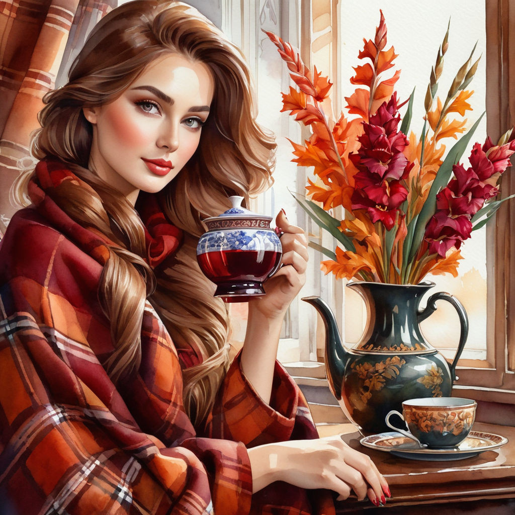 elegant young russian woman in a warm plaid hair the color of bordeaux autumn leaves vase with gl (7
