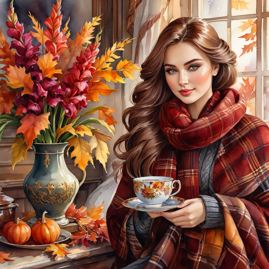 elegant young russian woman in a warm plaid hair the color of bordeaux autumn leaves vase with gl (6