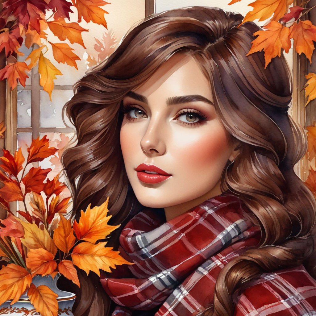 elegant young russian woman in a warm plaid hair the color of bordeaux autumn leaves vase with gl (8