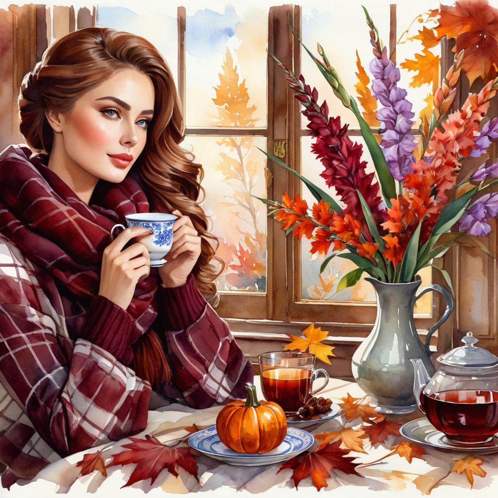 elegant young russian woman in a warm plaid hair the color of bordeaux autumn leaves vase with gl (9