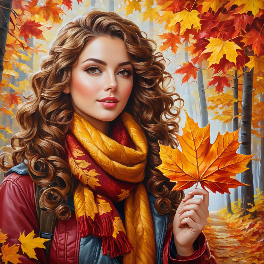 oil painting on canvas from half of the body to the legs maple leaf in hand gorgeous woman with c (6
