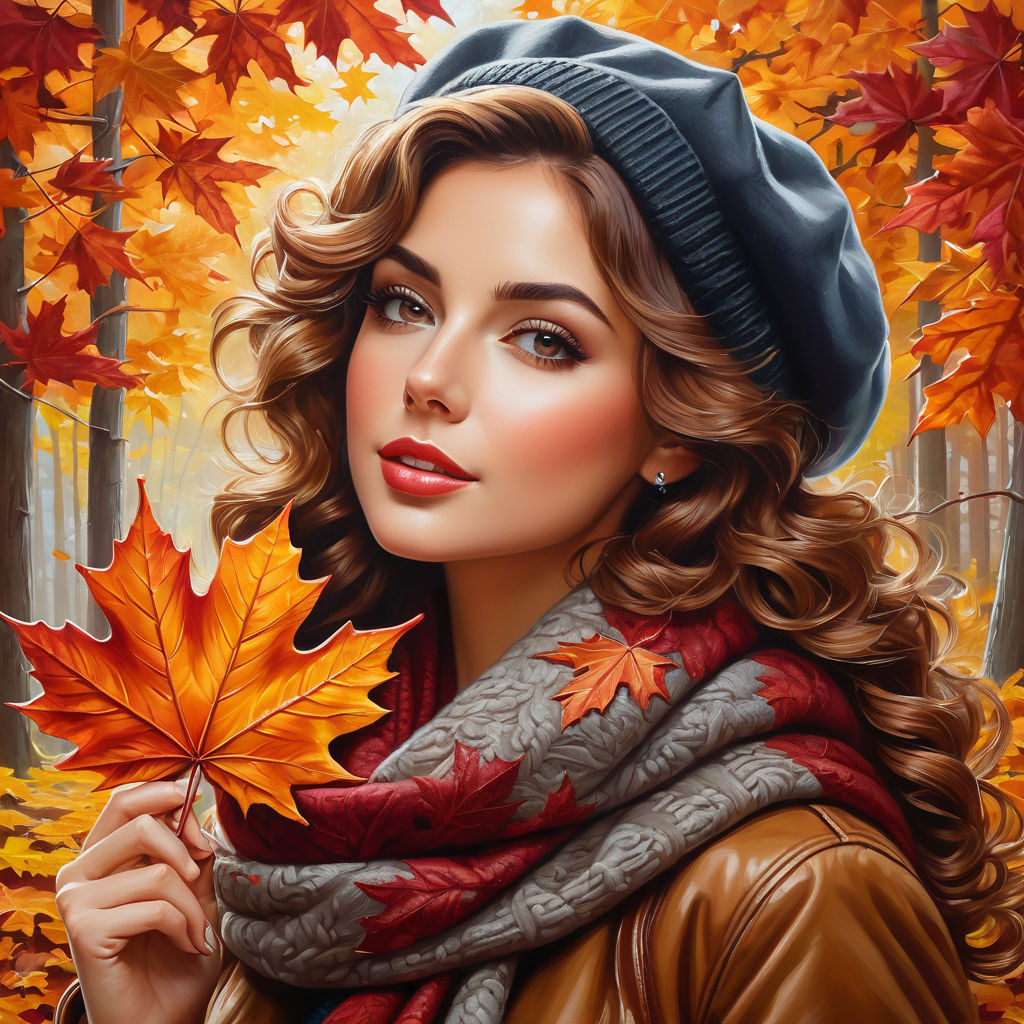 oil painting on canvas from half of the body to the legs maple leaf in hand gorgeous woman with c (7