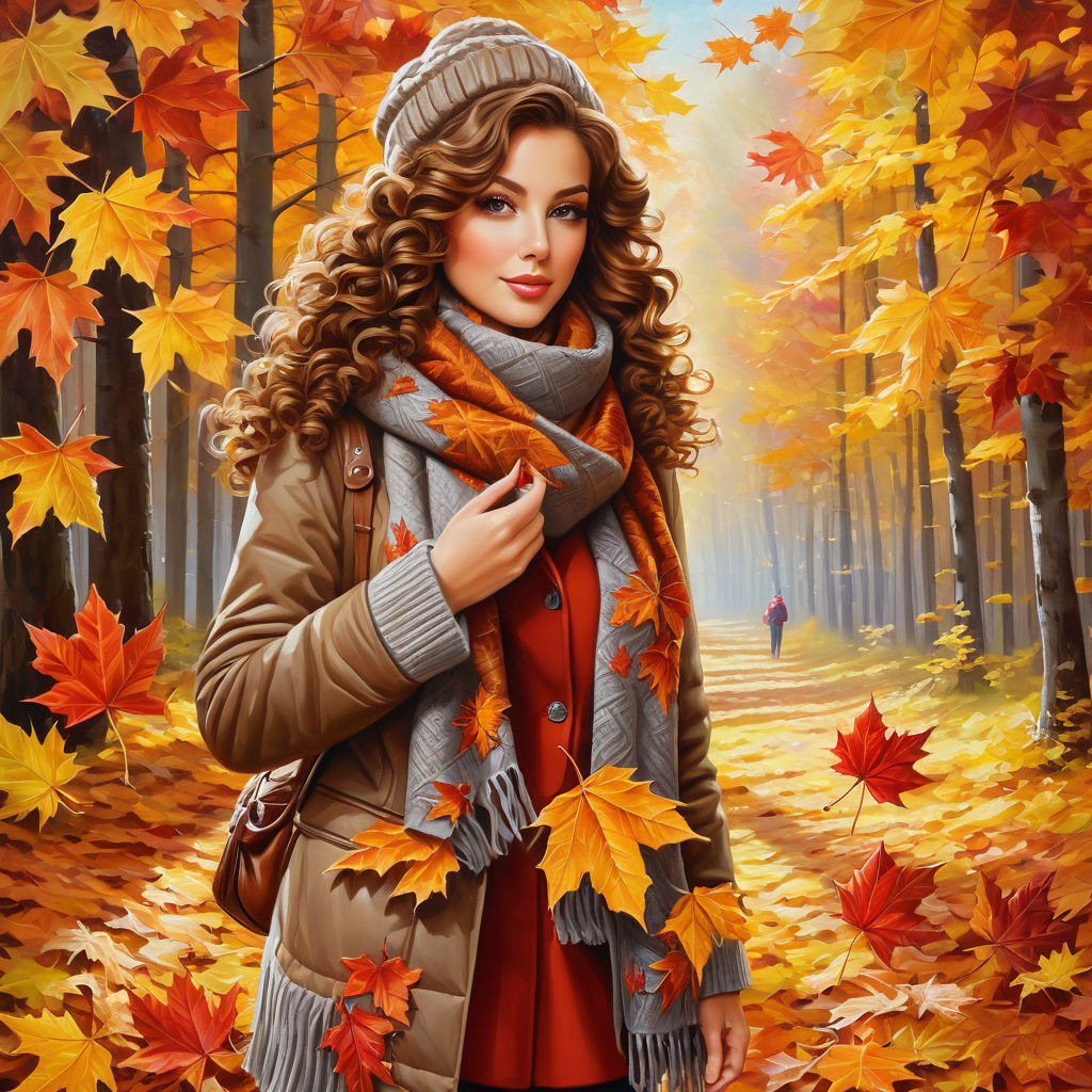 oil painting on canvas from half of the body to the legs maple leaf in hand gorgeous woman with c (5