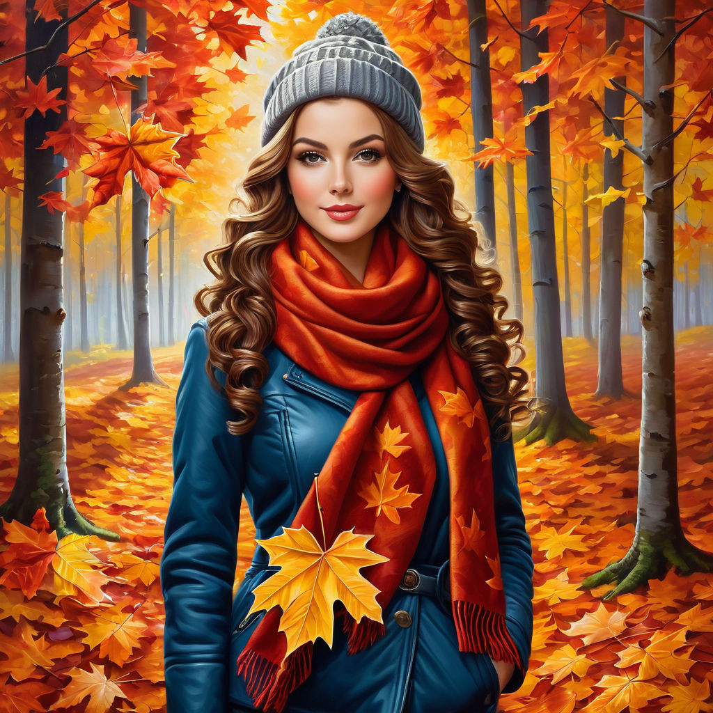 oil painting on canvas from half of the body to the legs maple leaf in hand gorgeous woman with c (1