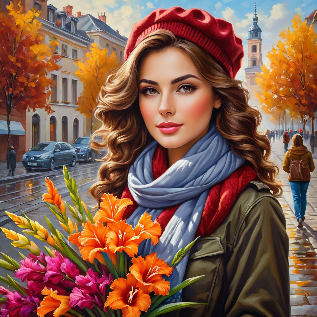 oil painting on canvas beautiful young woman with a bouquet of gladioli in her hands with curly br (