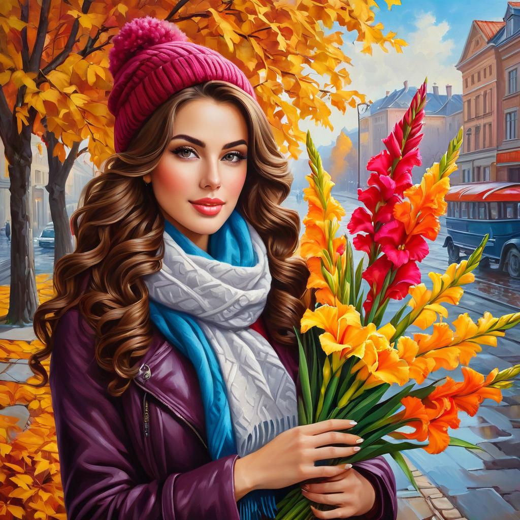 oil painting on canvas beautiful young woman with a bouquet of gladioli in her hands with curly br (