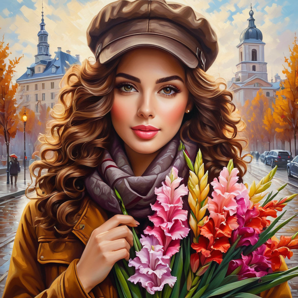 oil painting on canvas beautiful young woman with a bouquet of gladioli in her hands with curly br (