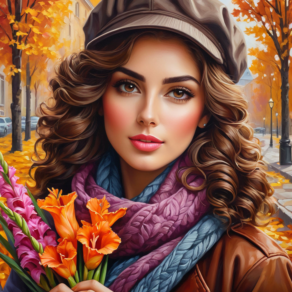 oil painting on canvas beautiful young woman with a bouquet of gladioli in her hands with curly br (