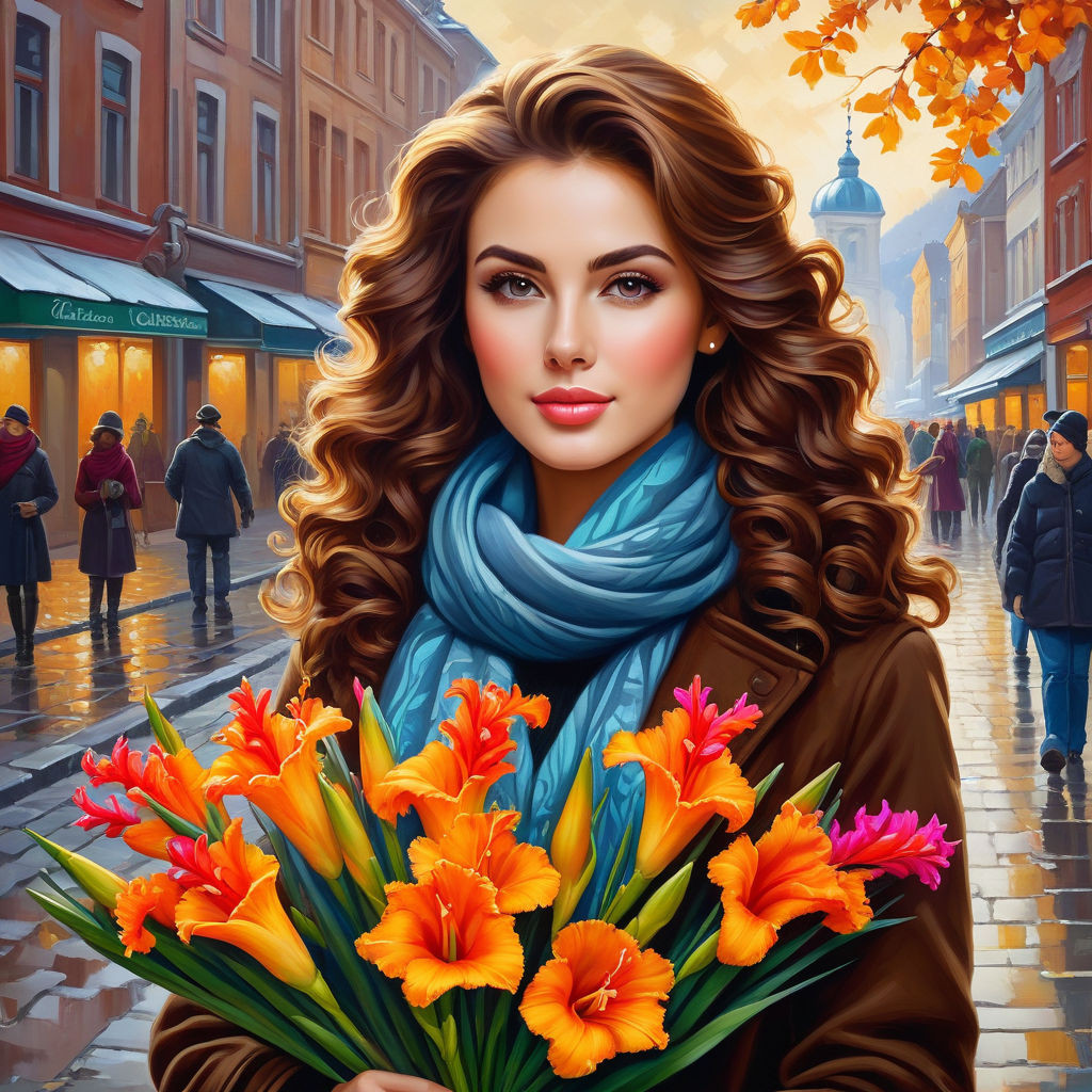 oil painting on canvas beautiful young woman with a bouquet of gladioli in her hands with curly br (