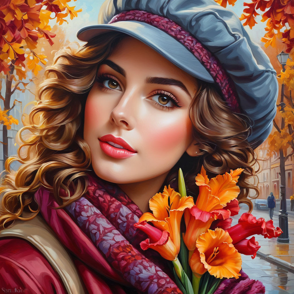 oil painting on canvas beautiful young woman with a bouquet of gladioli in her hands with curly br (