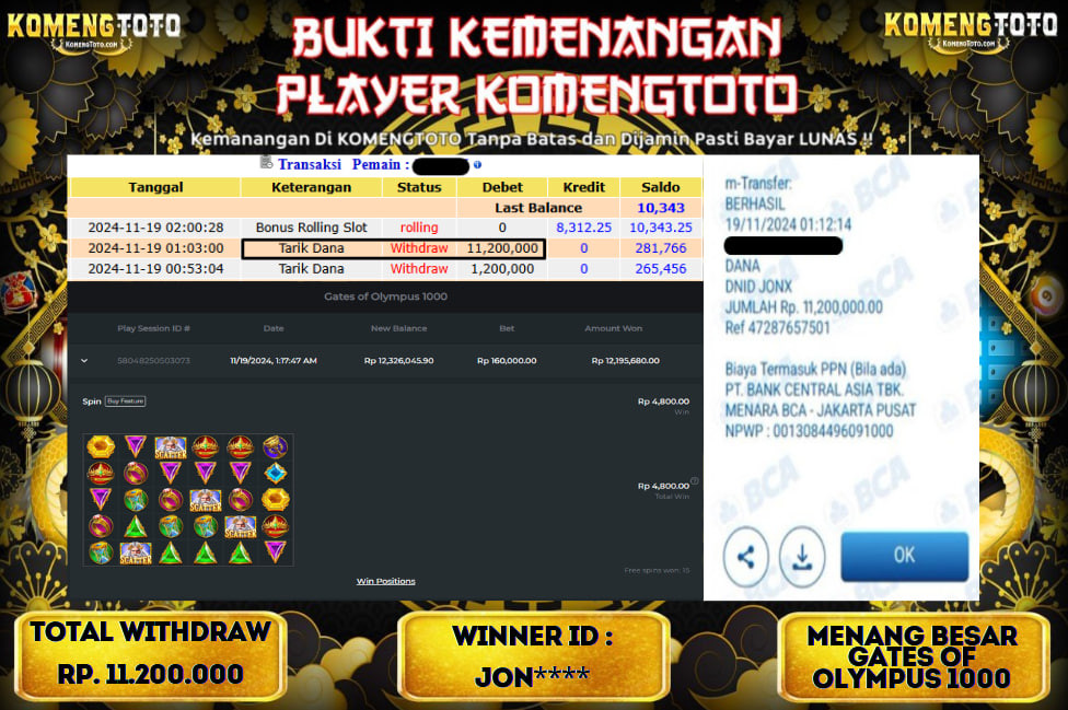 LAGI & LAGI!! KEMENANGAN BESAR DI SLOT  GATES OF OLYMPUS 1000  SEBESAR Rp.11.200.000 KOMENGTOTO BAYAR LUNAS SECEPAT KILAT !! KOMENGTOTO BAYAR SECEPAT KILAT !!