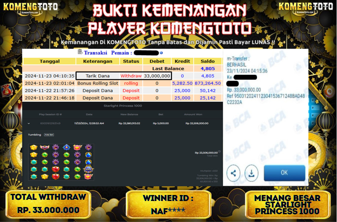 LAGI & LAGI!! KEMENANGAN BESAR DI SLOT  STARLIGHT PRINCES 1000 SEBESAR Rp.33.000.000 KOMENGTOTO BAYAR LUNAS SECEPAT KILAT !! KOMENGTOTO BAYAR SECEPAT KILAT !!