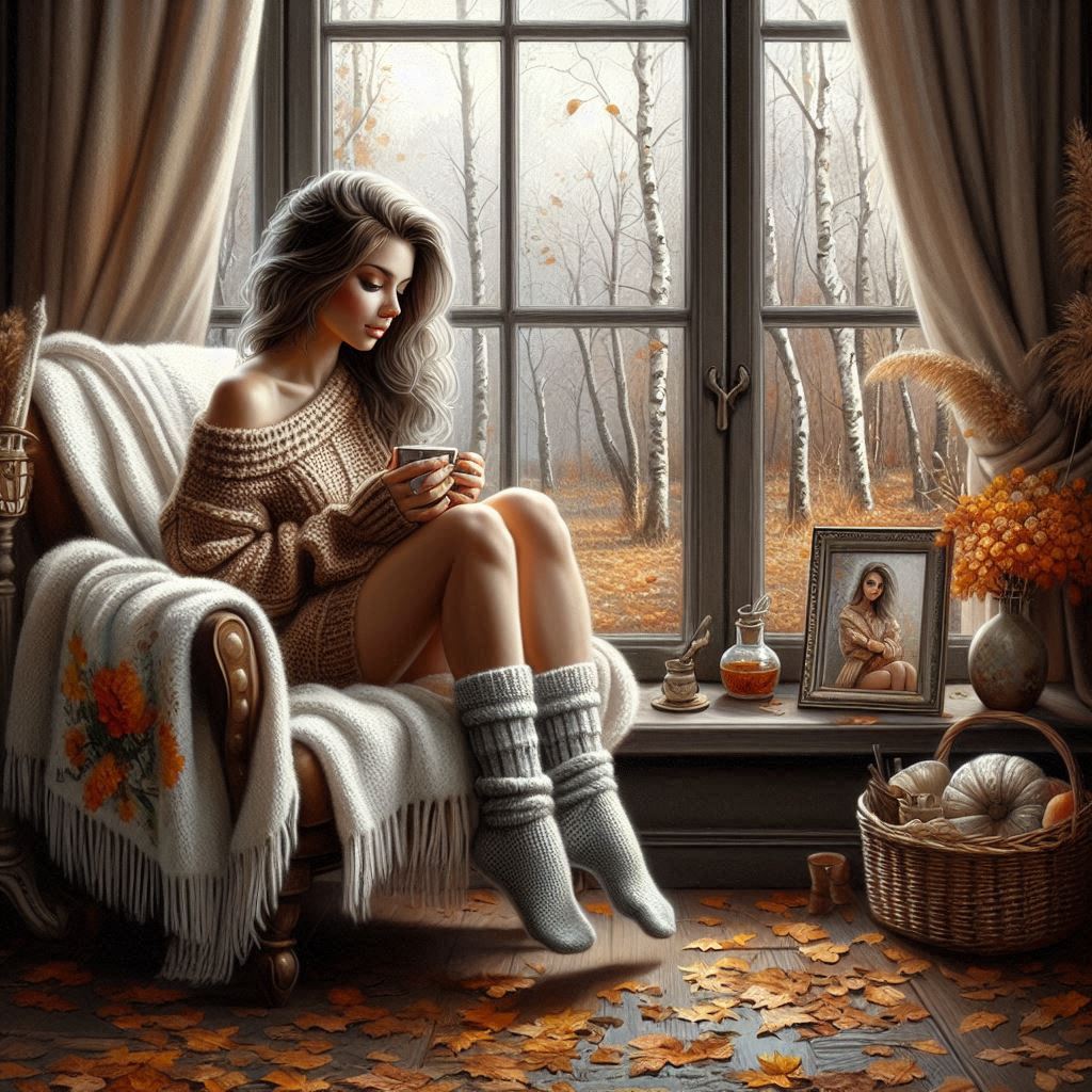 Oil painting, digital art, beautiful illustration depicting a beautiful girl in knitted short socks 