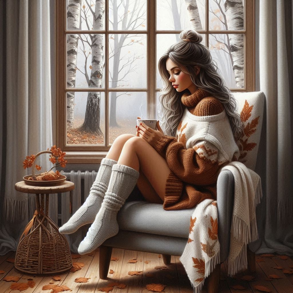 Oil painting, digital art, beautiful illustration depicting a beautiful girl in knitted short socks 