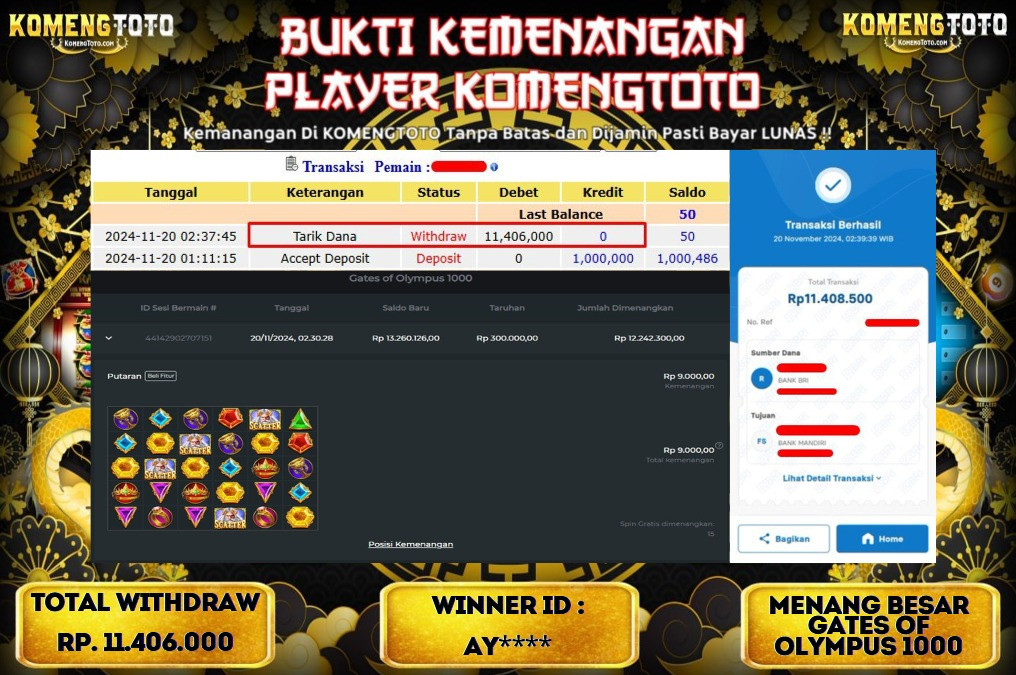 LAGI & LAGI!! KEMENANGAN BESAR DI SLOT  GATES OF OLYMPUS 1000  SEBESAR Rp.11.406.000 KOMENGTOTO BAYAR LUNAS SECEPAT KILAT !! KOMENGTOTO BAYAR SECEPAT KILAT !!