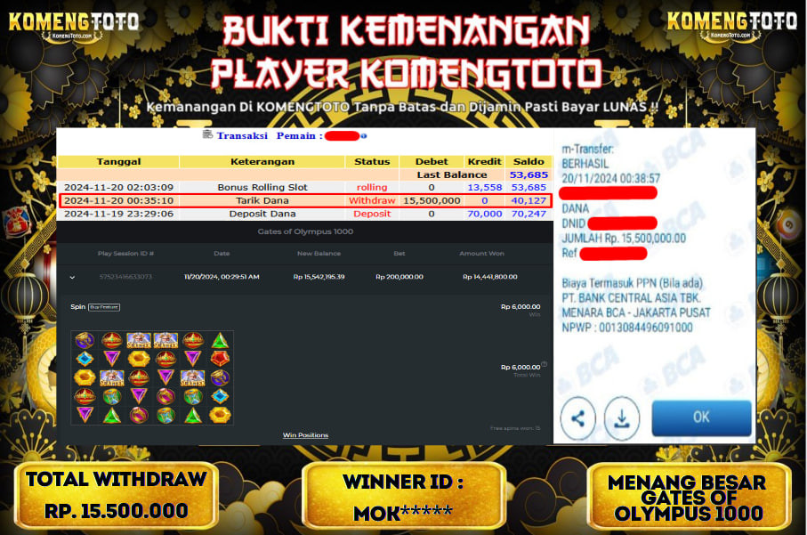 LAGI & LAGI!! KEMENANGAN BESAR DI SLOT  GATES OF OLYMPUS 1000  SEBESAR Rp.15.500.000 KOMENGTOTO BAYAR LUNAS SECEPAT KILAT !! KOMENGTOTO BAYAR SECEPAT KILAT !!