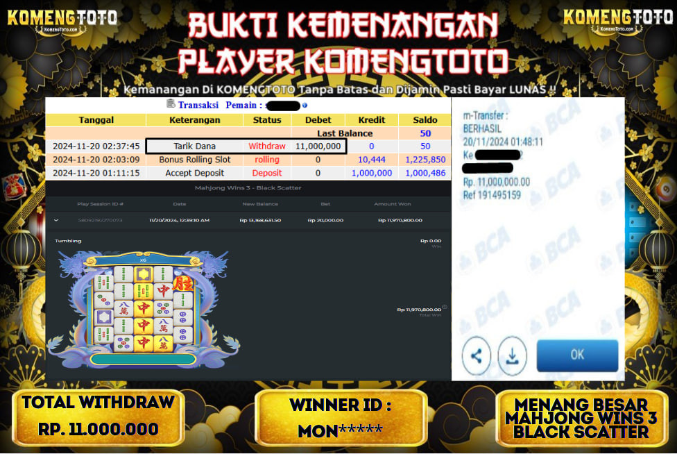 LAGI & LAGI!! KEMENANGAN BESAR DI SLOT  MAHJONG WINS 3 BLACK  SCATTER SEBESAR Rp.11.000.000 KOMENGTOTO BAYAR LUNAS SECEPAT KILAT !! KOMENGTOTO BAYAR SECEPAT KILAT !!