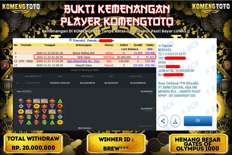 LAGI & LAGI!! KEMENANGAN BESAR DI SLOT  GATES OF OLYMPUS 1000  SEBESAR Rp.20.000.000 KOMENGTOTO BAYAR LUNAS SECEPAT KILAT !! KOMENGTOTO BAYAR SECEPAT KILAT !!
