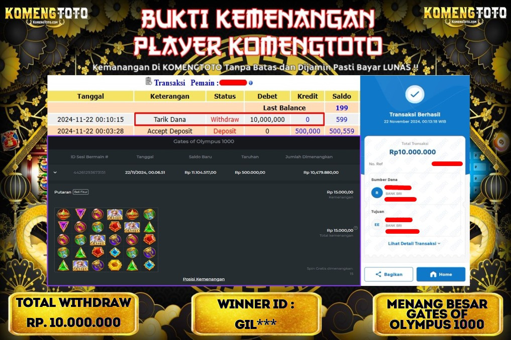 LAGI & LAGI!! KEMENANGAN BESAR DI SLOT  GATES OF OLYMPUS 1000  SEBESAR Rp.10.000.000 KOMENGTOTO BAYAR LUNAS SECEPAT KILAT !! KOMENGTOTO BAYAR SECEPAT KILAT !!