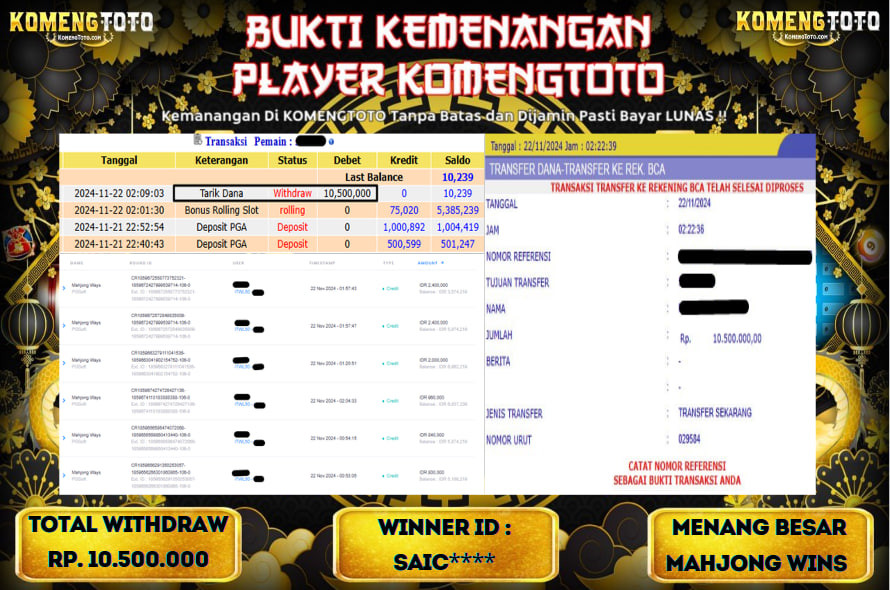 LAGI & LAGI!! KEMENANGAN BESAR DI SLOT  MAHJONG WINS  SEBESAR Rp.10.500.000 KOMENGTOTO BAYAR LUNAS SECEPAT KILAT !! KOMENGTOTO BAYAR SECEPAT KILAT !!