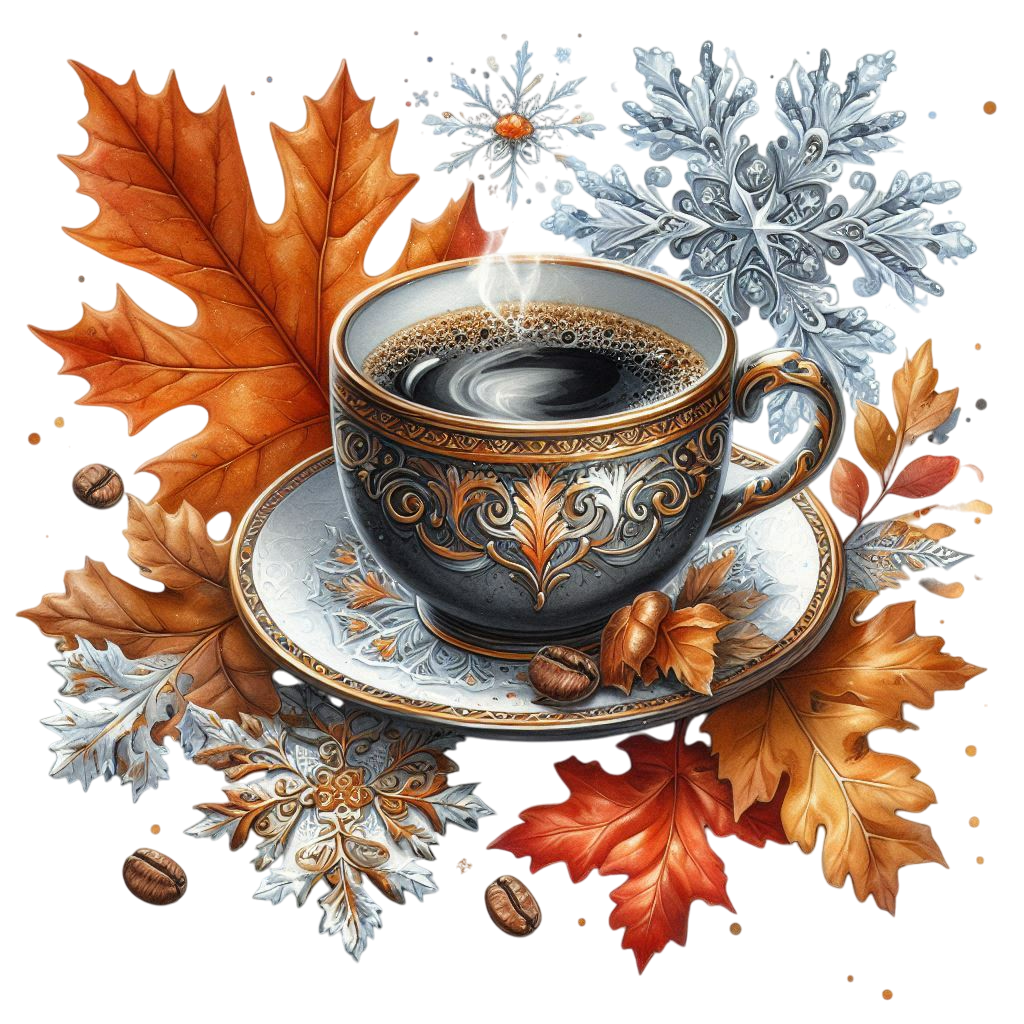 A beautiful coffee mug with hot coffee, next to it an autumn leaf, snowflakes on a white background,