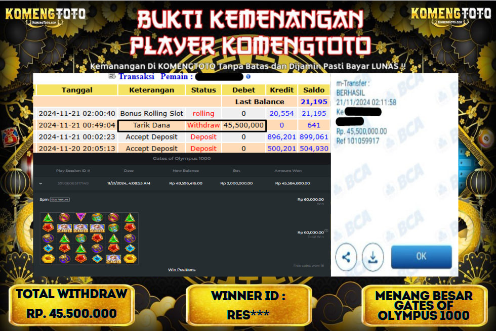 LAGI & LAGI!! KEMENANGAN BESAR DI SLOT  GATES OF OLYMPUS 1000  SEBESAR Rp.45.500.000 KOMENGTOTO BAYAR LUNAS SECEPAT KILAT !! KOMENGTOTO BAYAR SECEPAT KILAT !!