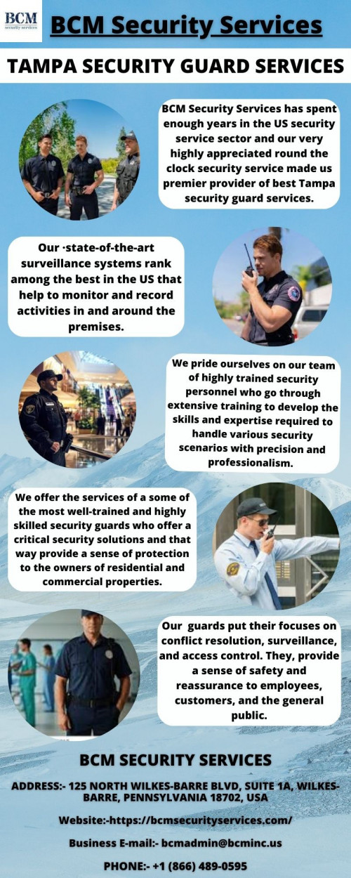 BCM Security Services has spent enough years in the US security service sector and our very highly appreciated round the clock security service made us premier provider of best Tampa security guard services. From us, you are assured of the services of some of the most competent and very well trained security guards who offer a critical security solutions and that way provide a sense of protection to the owners of residential and commercial properties.