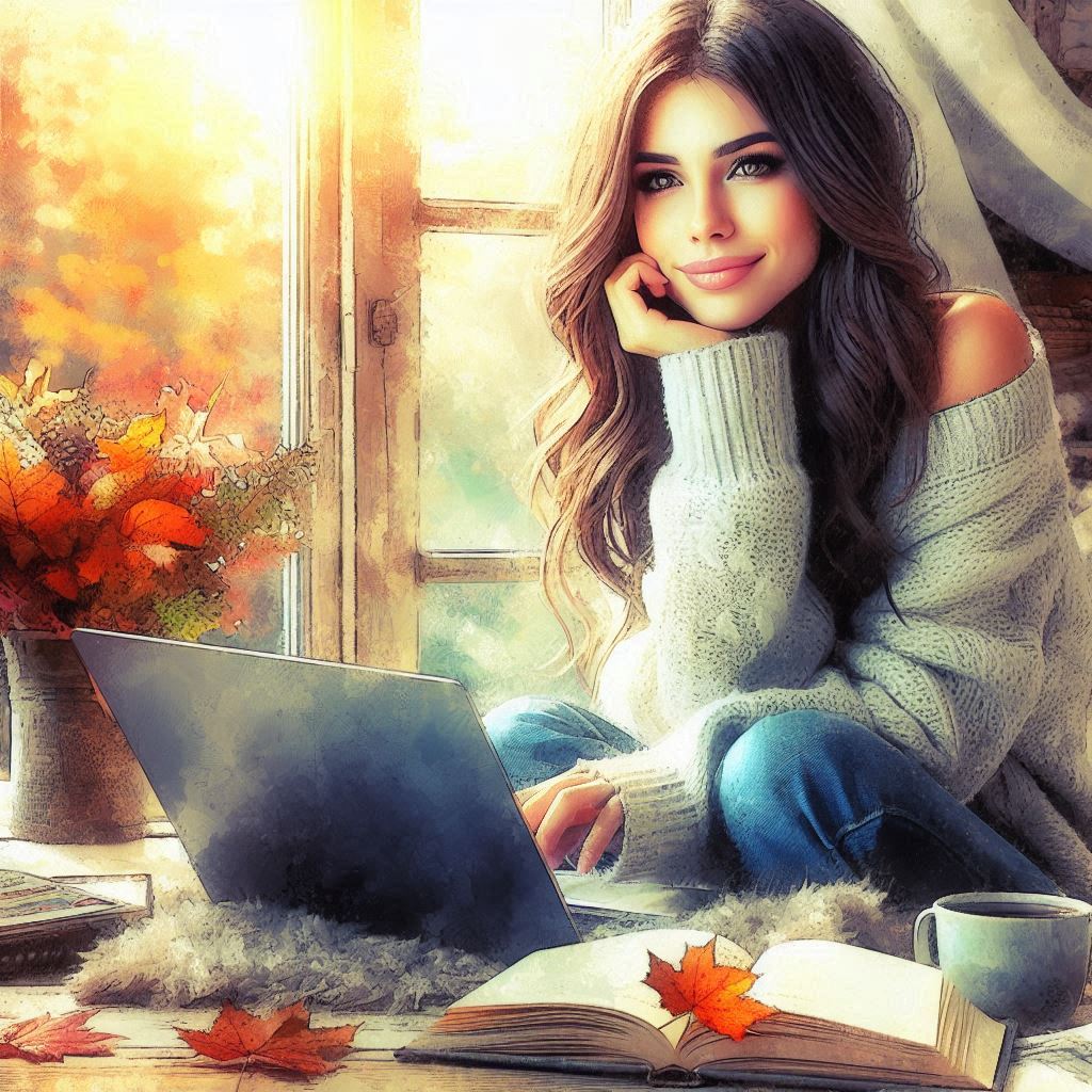 A digital oil painting of a young beautiful woman sitting at a laptop in a cozy room on an autumn da