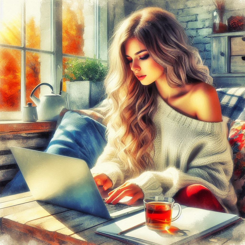 A digital oil painting of a young beautiful woman sitting at a laptop in a cozy room on an autumn da